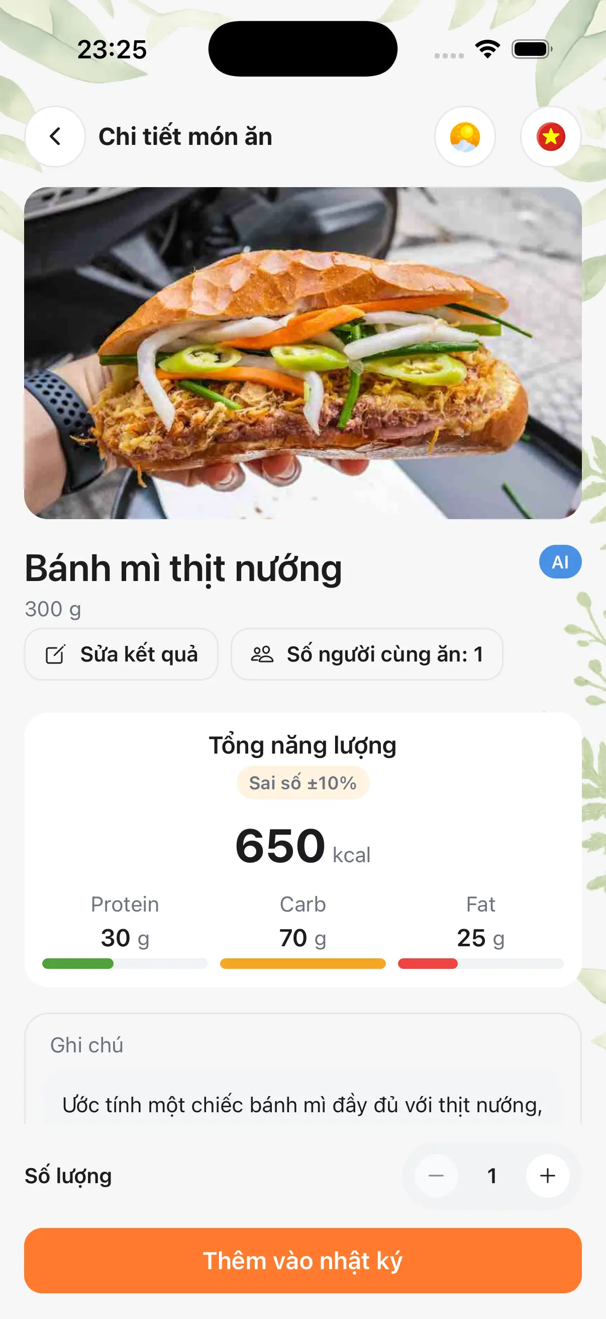 Chi tiết dinh dưỡng món ăn Check Calo